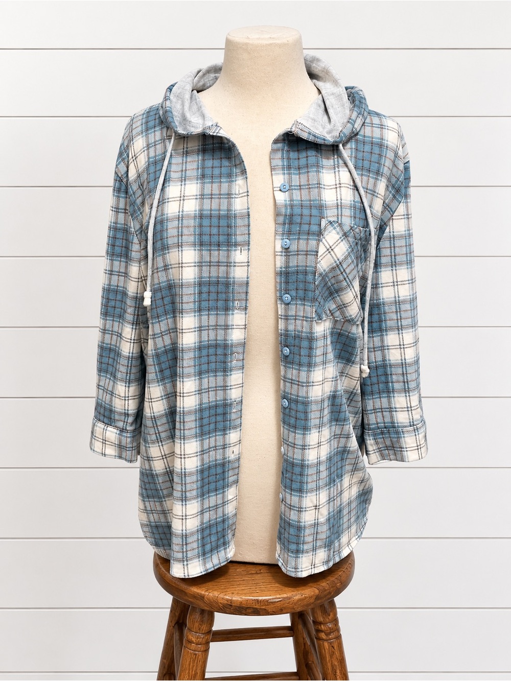 Plaid Hooded Button-Front Shirt Jacket - Blue & White